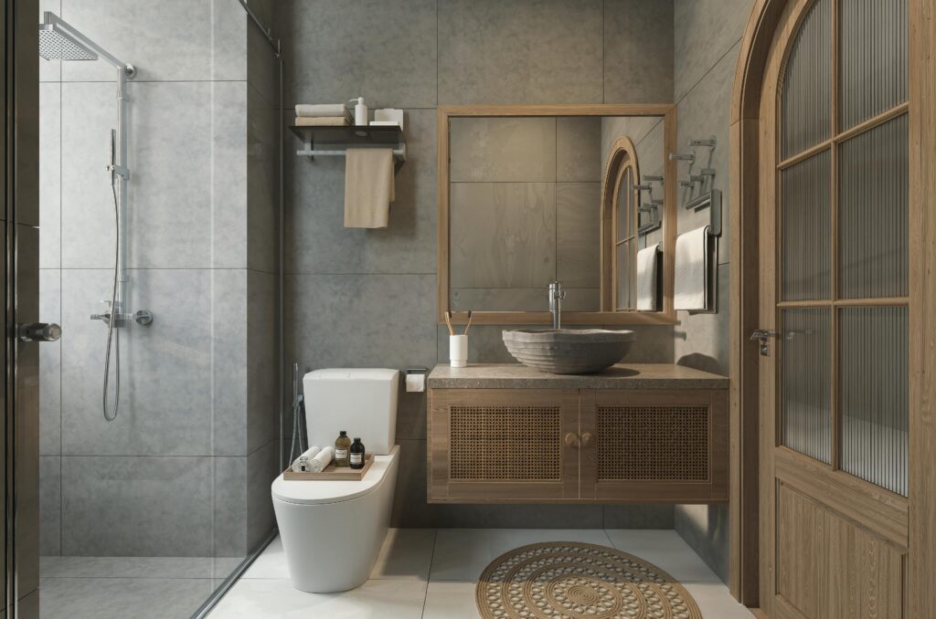 Elegant bathroom with wooden accents and modern fixtures for a stylish look.